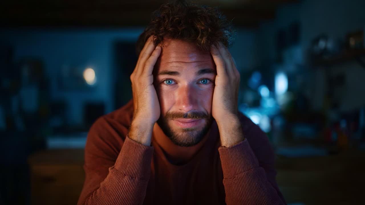 A contemplative man with expressive blue eyes sits in a dimly lit room, conveying a sense of introspection and emotion through his thoughtful demeanor and pose