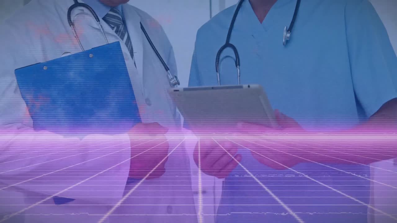 Animación de líneas de neón sobre diversos médicos