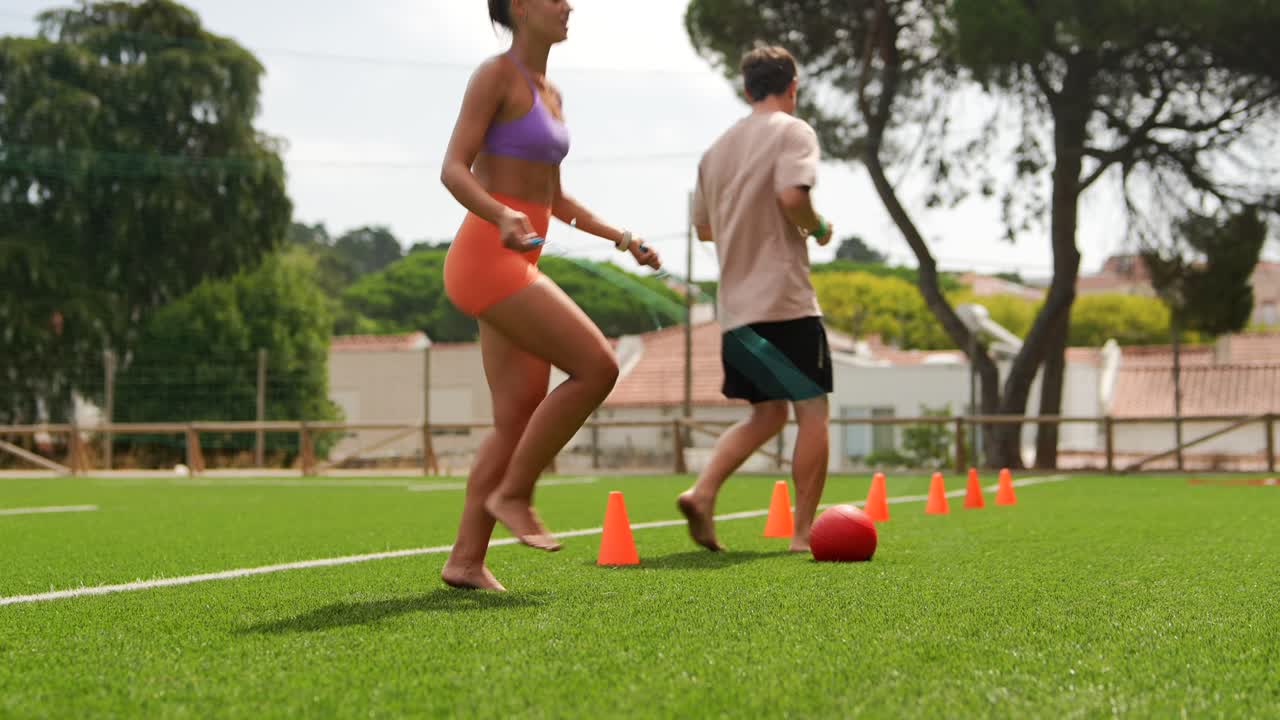 Outdoor fitness training with jump rope and running drills