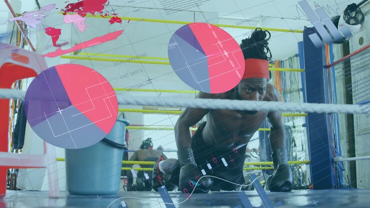 Boxer initiating push-up by bending elbows, generating animated performance charts over boxing ring