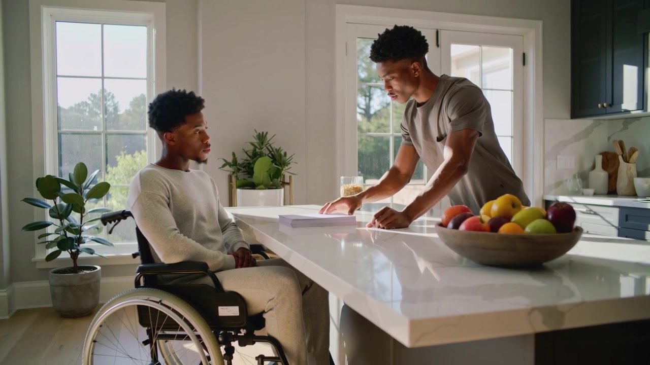 Explaining standing man in grey t-shirt pointing at papers on island to review, wheelchair nearby