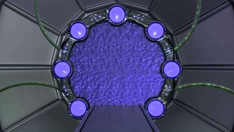 la escotilla de hierro abre una vista panorámica a la escena del paisaje de la nave espacial. fondo abstracto 3d de corredor de ciencia ficción con portal. tecnología futurista abstracto vj para títulos tecnológicos y fondo.