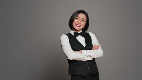 Asian-woman-hotel-concierge-wearing-elegant-uniform-with-bow