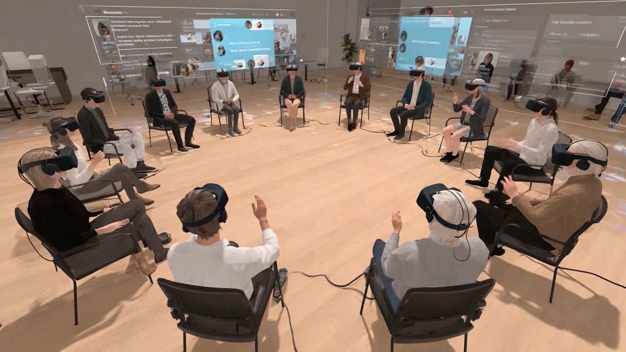 A Virtual Collaboration Environment: Participants Engaging in a Digital Meeting with VR Headsets, Sharing Ideas and Insights in a Modern Workspace Designed for Interactive Discussions and Networking
