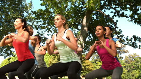 Grupo-De-Fitness-En-Cuclillas-En-El-Parque