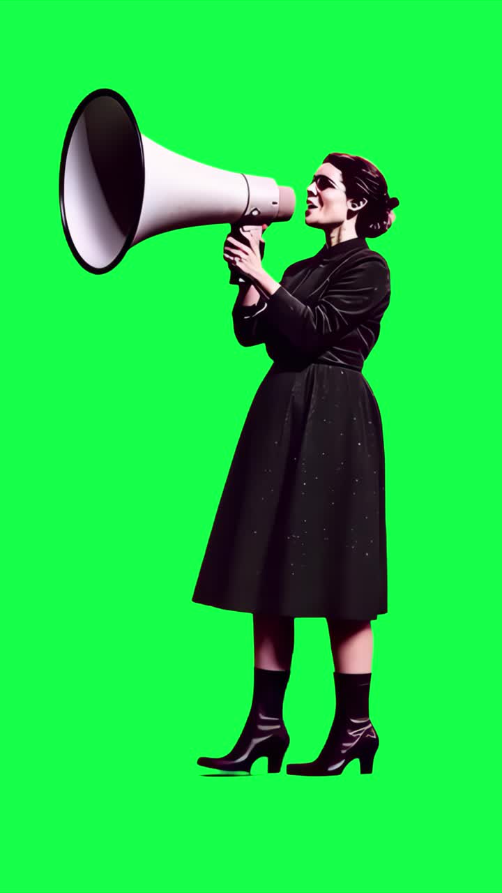 Woman shouting large megaphone green animation, transparent 4K video, green screen