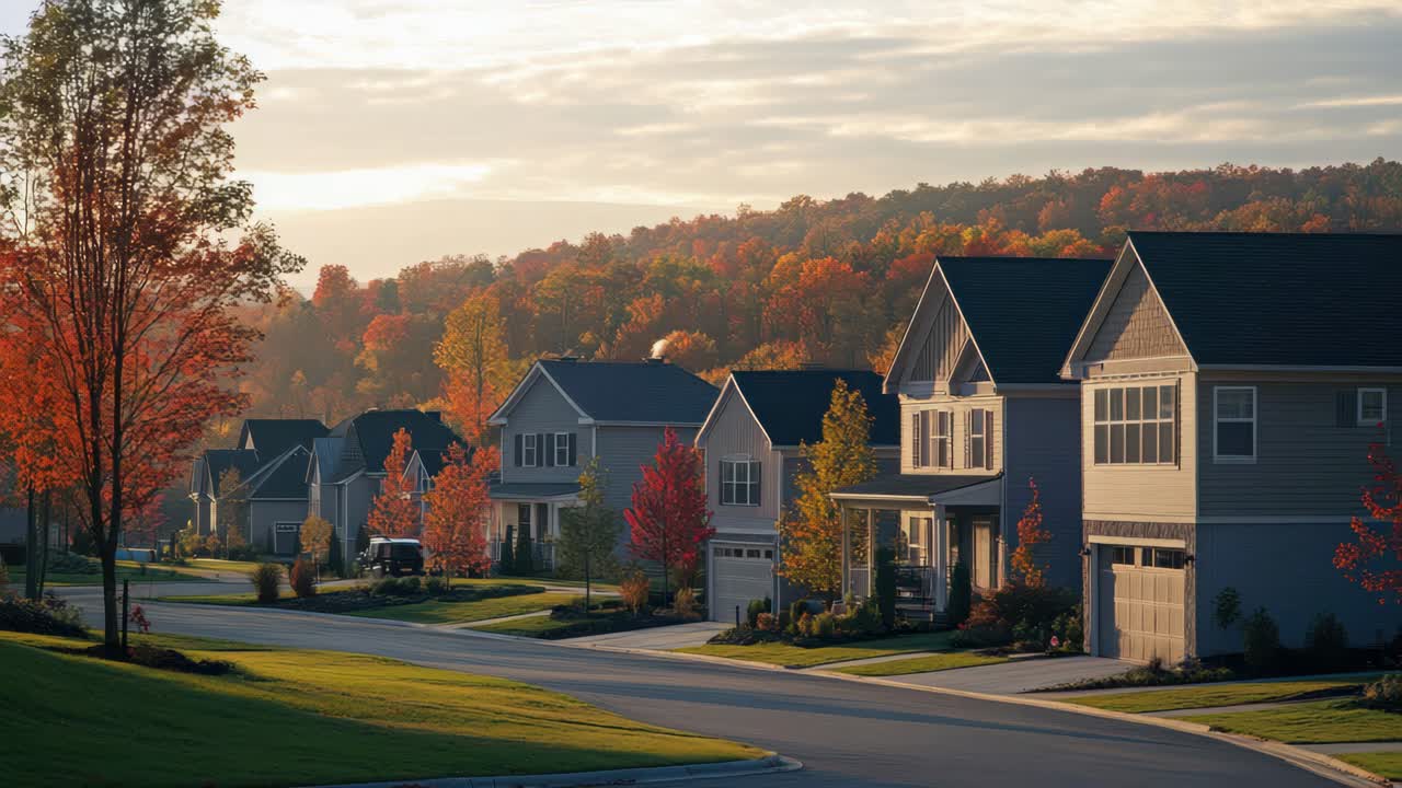 A serene suburban neighborhood at sunrise, captured from a low angle