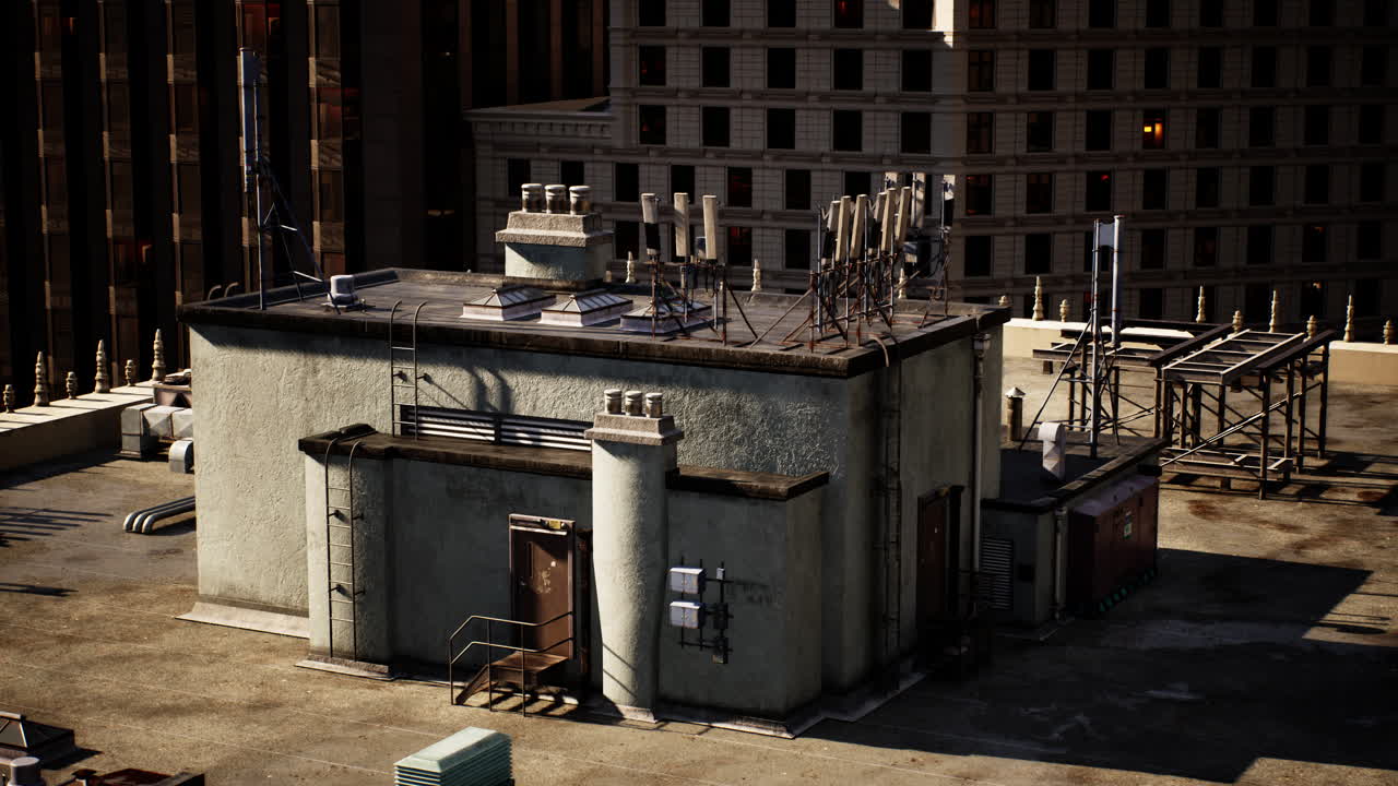 건물 꼭대기 에 있는 여러 가지 안테나 와 파이프 를 가진 지붕 의 근접적 인 모습