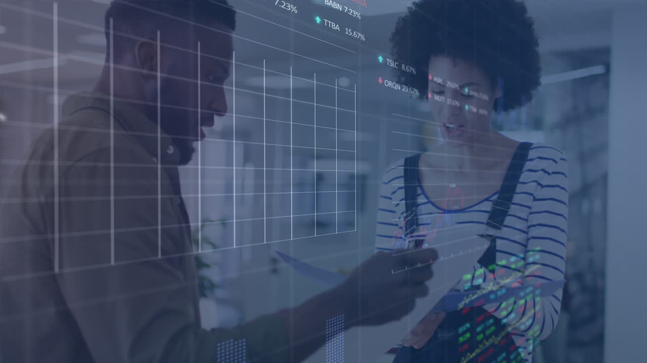 Animation of financial data processing over diverse business people in office