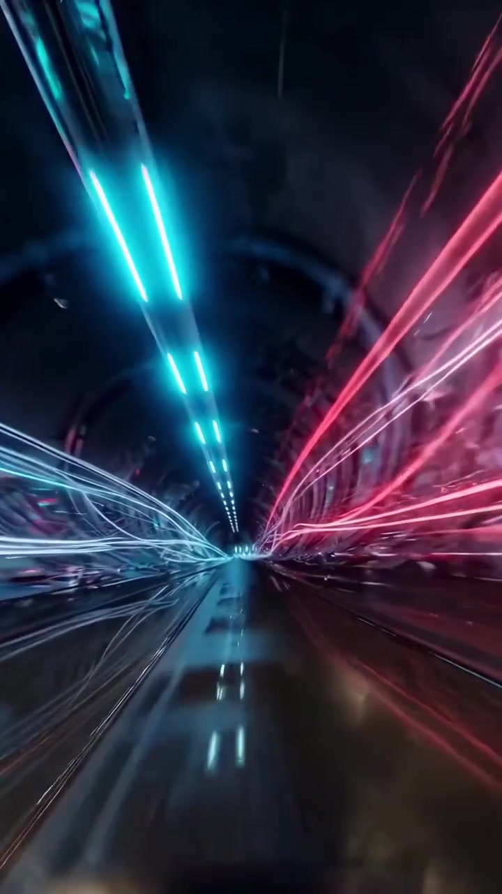 Viaggio ad alta velocità attraverso un tunnel digitale futuristico con luci al neon
