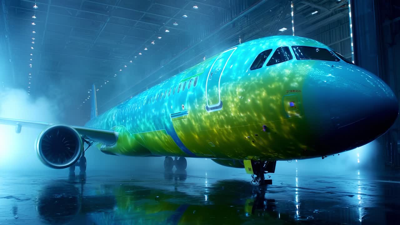 A Stunning Aircraft in a Mystical Hangar: Captivating Visuals of a Colorful Airplane Surrounded by Fog and Light Reflections in a Spacious Aviation Facility