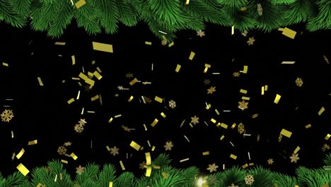 animation of falling gold snowflakes and confetti on black background with christmas tree border