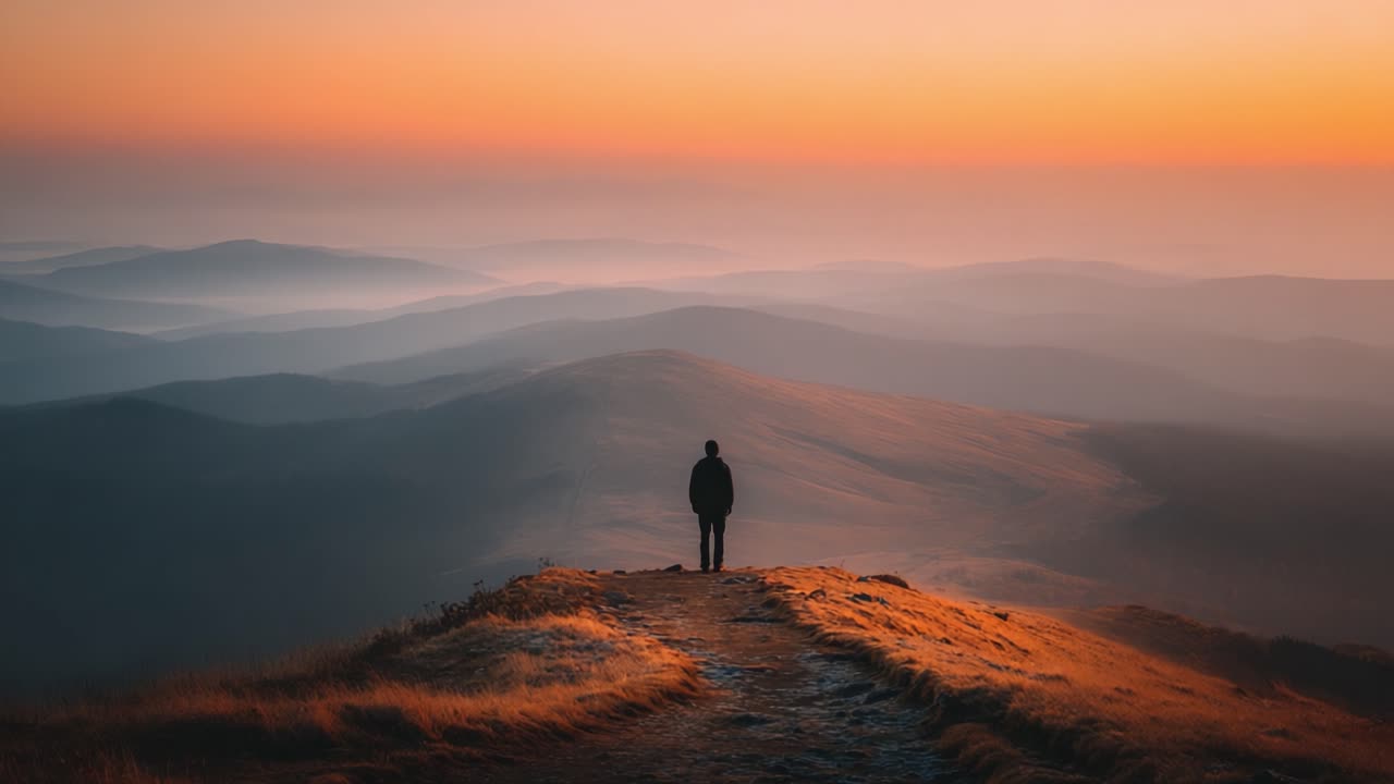 A Serene Sunset Over Majestic Mountains: A Solitary Figure Reflects on Nature's Beauty from a High Enclave, Capturing Tranquility and Wonder