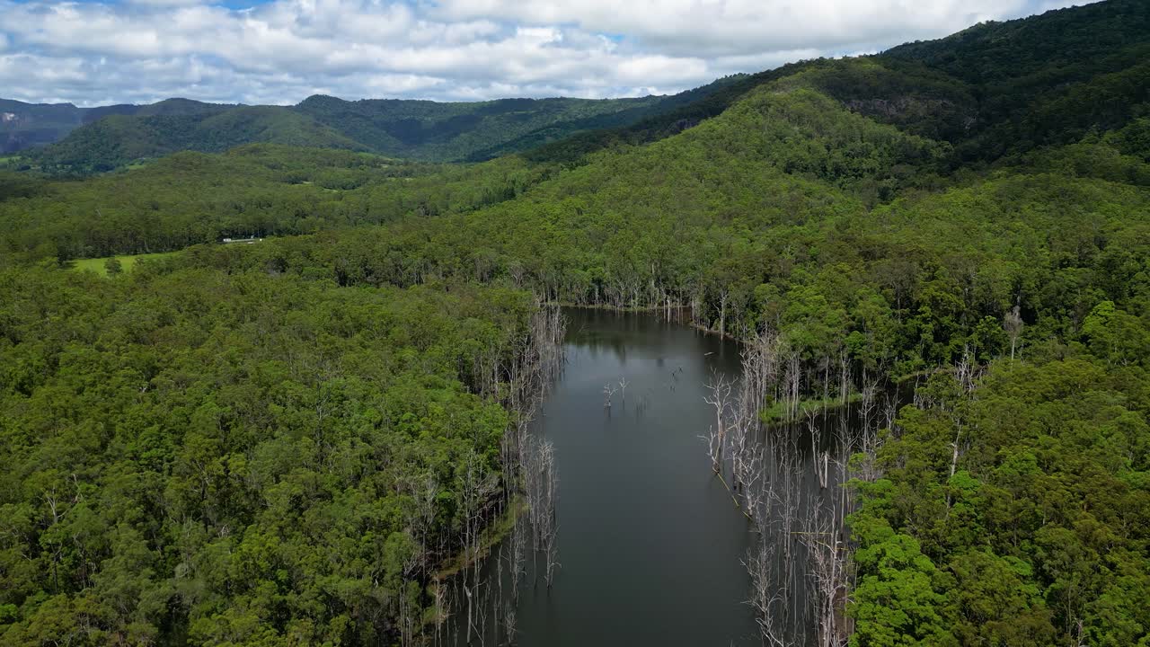 오스트레일리아 즐랜드의 골드코스트 내륙에 있는 스프링브룩 국립공원 (springbrook national park) 에 있는 네랑 강 (nerang river) 을 공중에서 볼 수 있다.