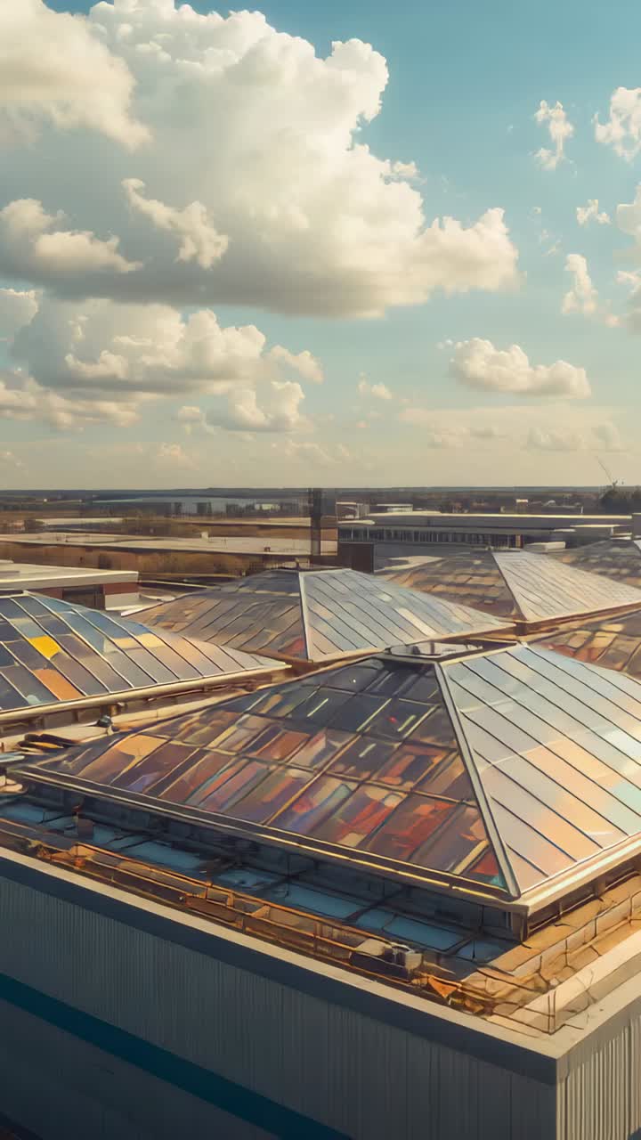 Vertical video: Tilting camera revealing pyramid skylight cluster on rooftop, showing muted colors