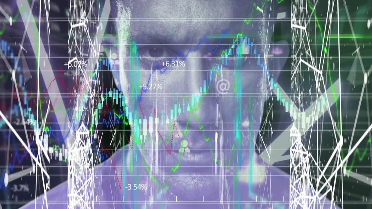 Animation of statistics and data processing over man's face