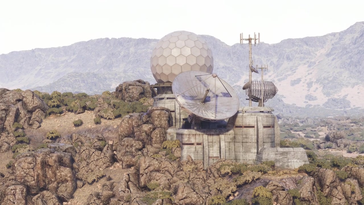 Remote observation station nestled in rugged terrain of mountainous region