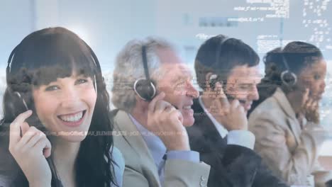 Animation-of-data-processing-over-business-people-using-phone-headset