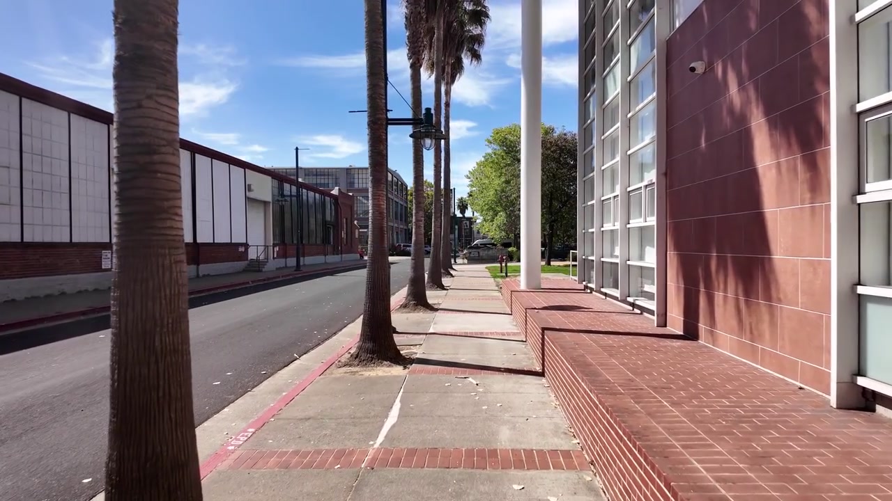Vista em perspectiva pessoal caminhando por uma calçada ladeada por palmeiras ao lado do moderno edifício arquitetônico do Centro Cívico de Emeryville na Califórnia em um dia ensolarado e brilhante.