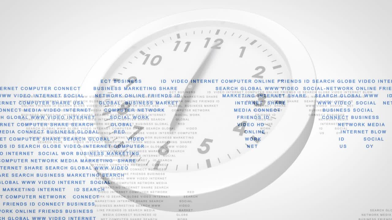 Clock rotating starting text cloud drifting and swirling into world map forming time network visual