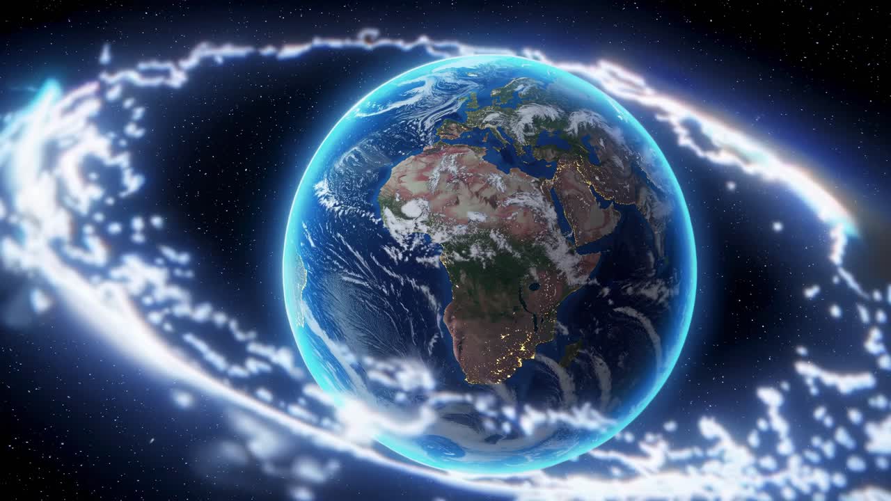 A stunning video concept of Earth from space, viewed from a high angle, surrounded by glowing energy
