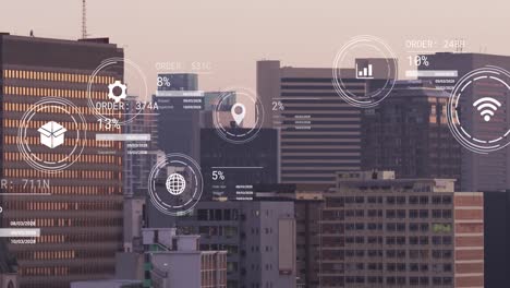 animación de iconos con procesamiento de datos sobre el paisaje urbano