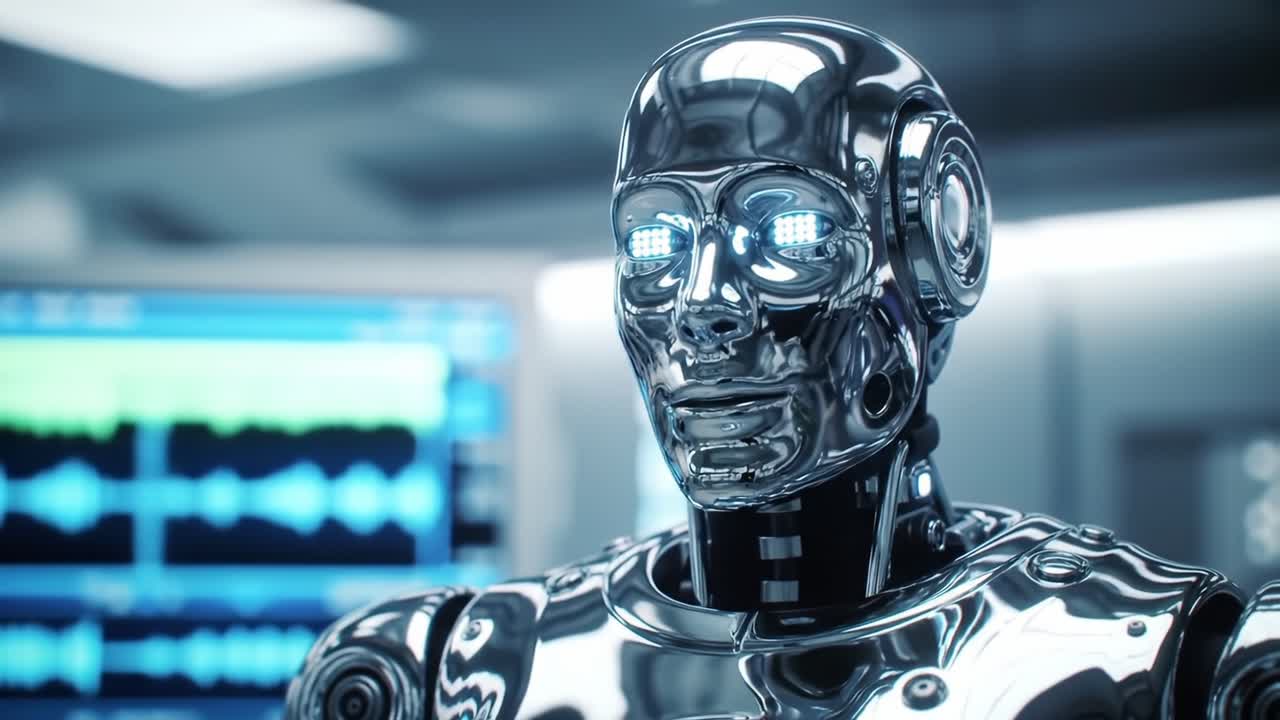 Futuristic Human-like Robot with Glowing Eyes in a High-Tech Laboratory Environment Showcasing Advanced Technology and Design Elements