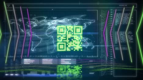 Animación-De-Código-Qr-Sobre-Mapa-Mundial-Y-Procesamiento-De-Datos