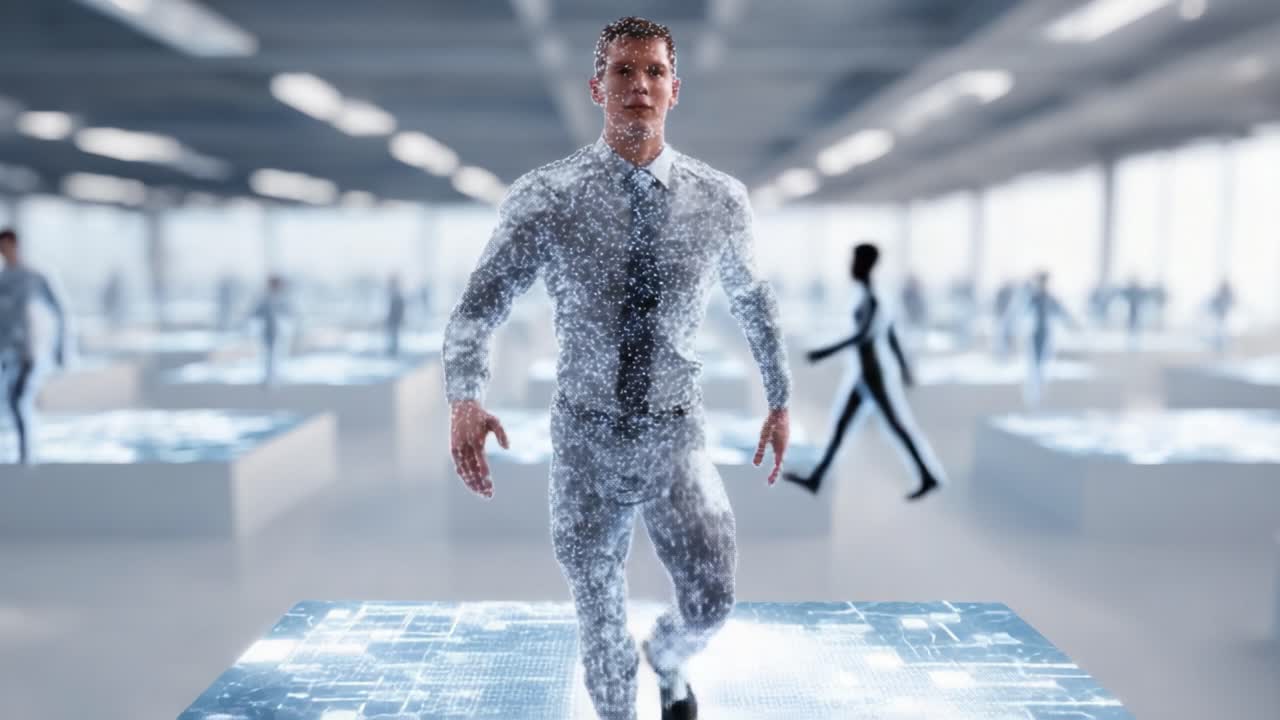 En dynamisk fremstilling av fremskritt og innovasjon: En mann som løper gjennom et futuristisk digitalt miljø, som symboliserer transformasjon og utvikling