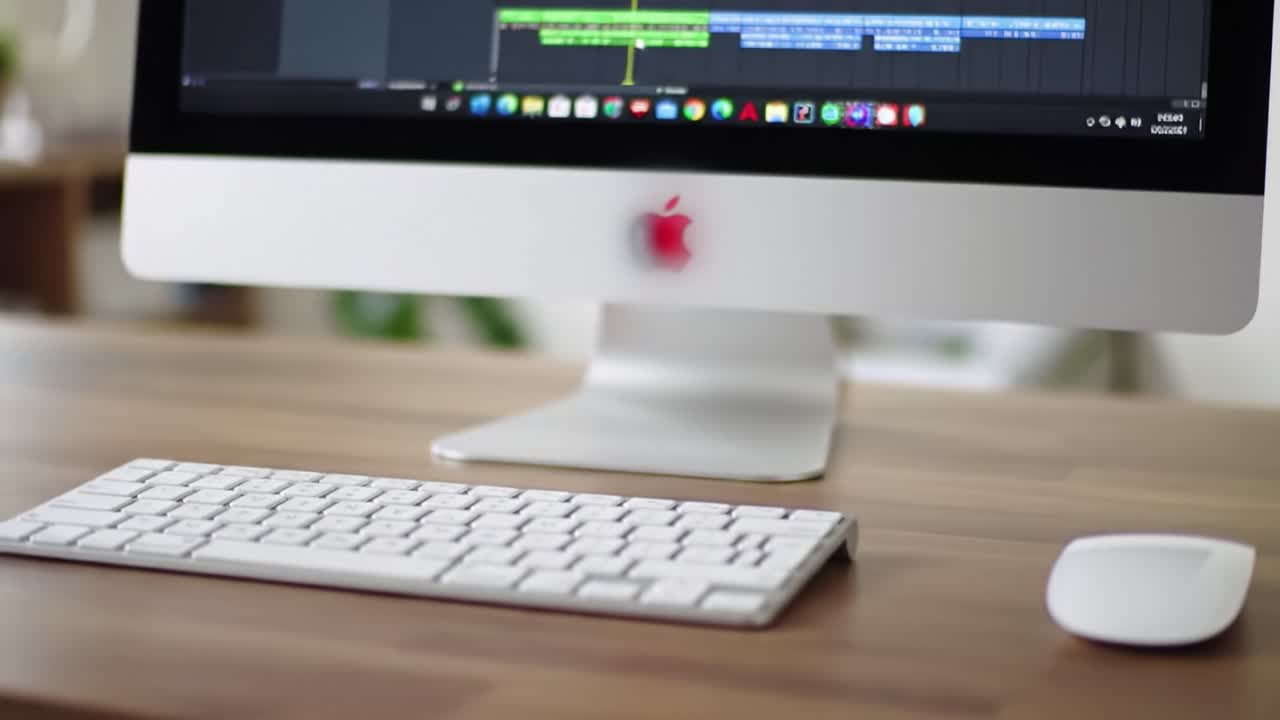 A modern workspace featuring a sleek Apple iMac, showcasing productivity tools on the screen and an elegant keyboard with a mouse for a seamless user experience