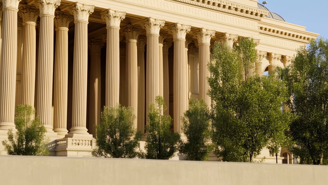Neoclassical Courthouse Facade With Towering Columns, Sunlit Stone Portico Framed By Green Trees, Slow