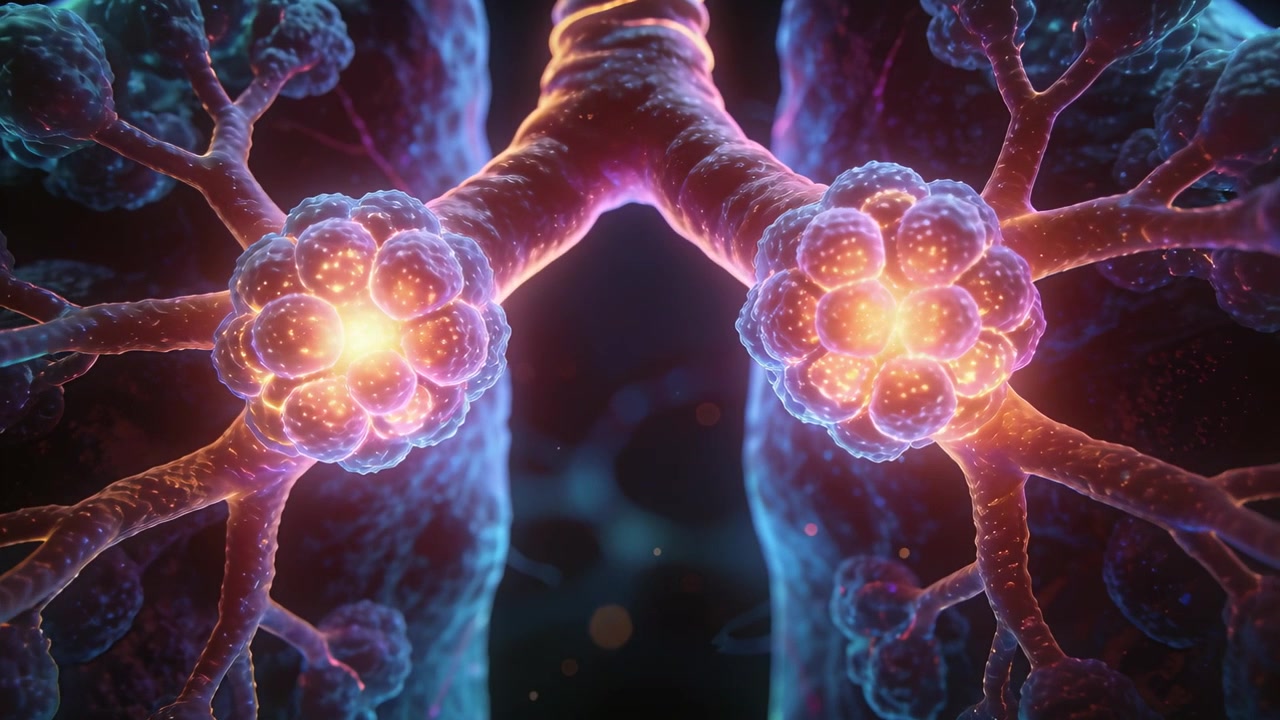 Sacchi alveolari pulsanti che attirano particelle in nuclei luminosi alla biforcazione delle vie aeree per lo scambio di gas.