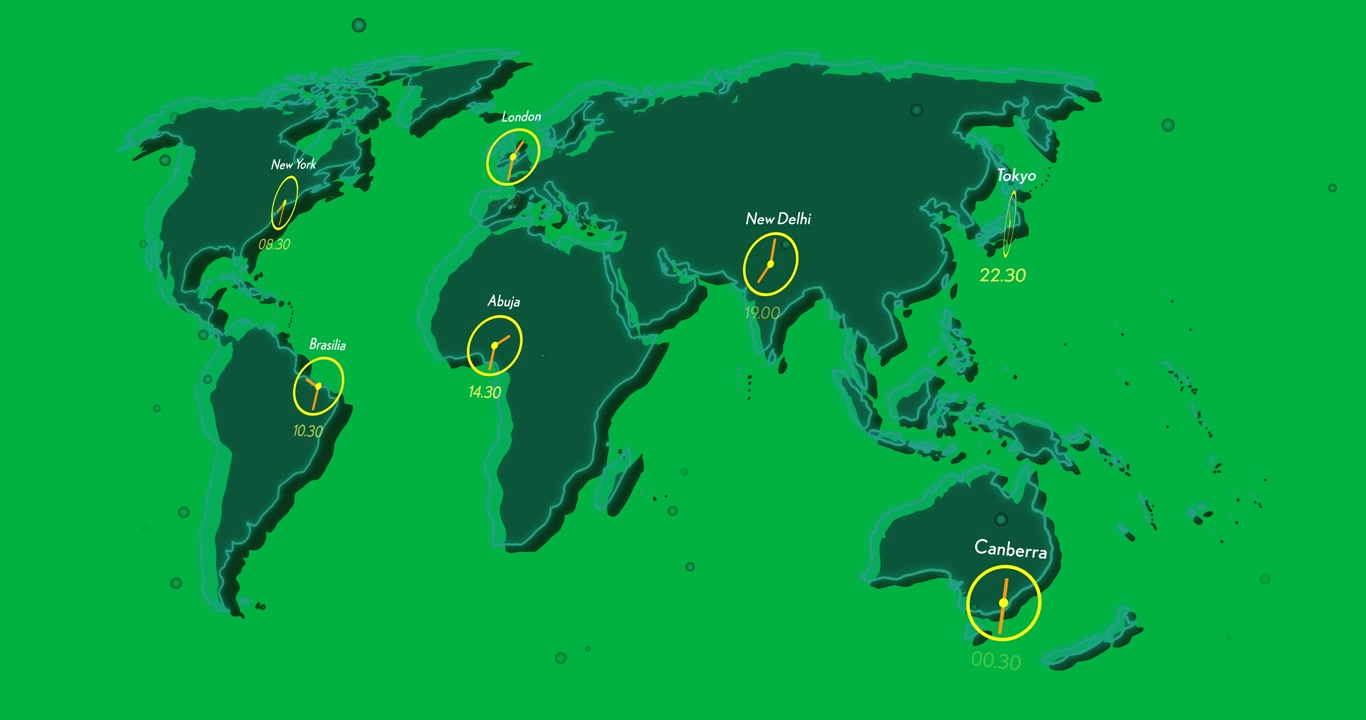 Animation of network of connections with clocks over world map on transparent background