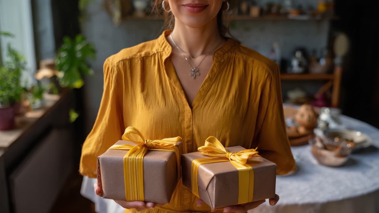 Donna felice con scatole regalo in un ambiente domestico accogliente, circondata da oggetti decorativi e piante, che cattura un momento di celebrazione e attesa.