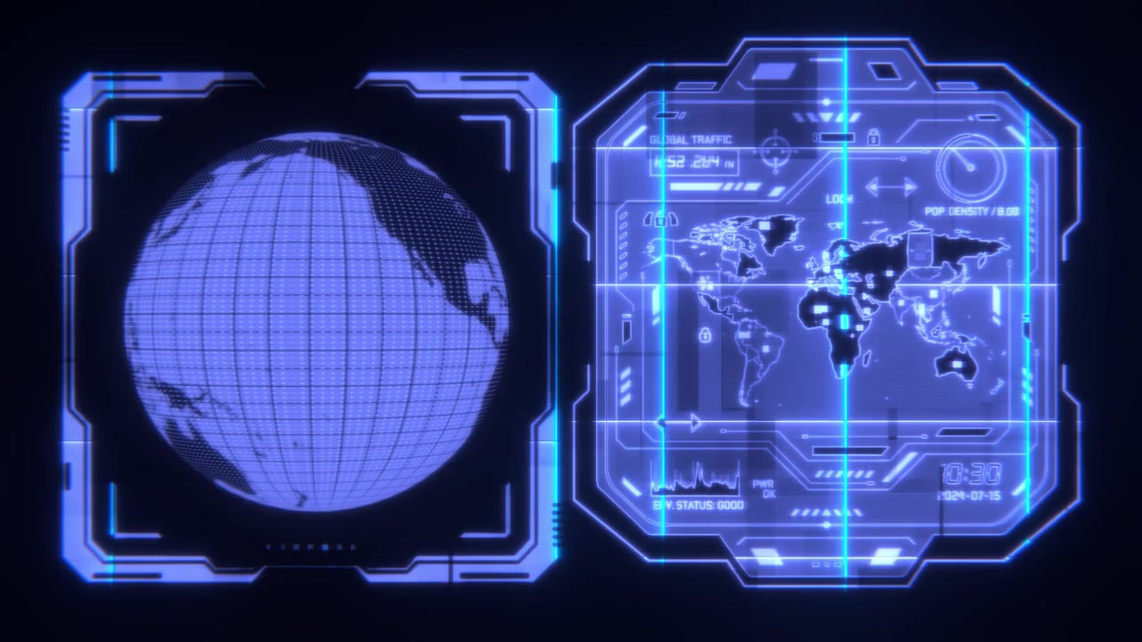 Futuristic Blue Holographic HUD Interface with Earth Globe and Map