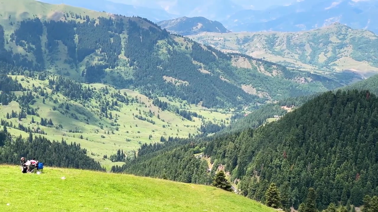 Kiefernwald und weite Landschaft Hochgebirge Panorama Wandern Kaffee Rucksackreisen Natur Sommer Reise Kaukasus Georgien Wildnis Gipfel Abenteuer Klettern Iran malerischer Pfad majestätisches Tal