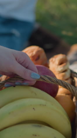 un primer plano de una mujer colocando una canasta llena de plátanos, manzanas y otras frutas en una manta de picnic a cuadros. se ve a un niño borroso sentado en la manta en un campo de hierba