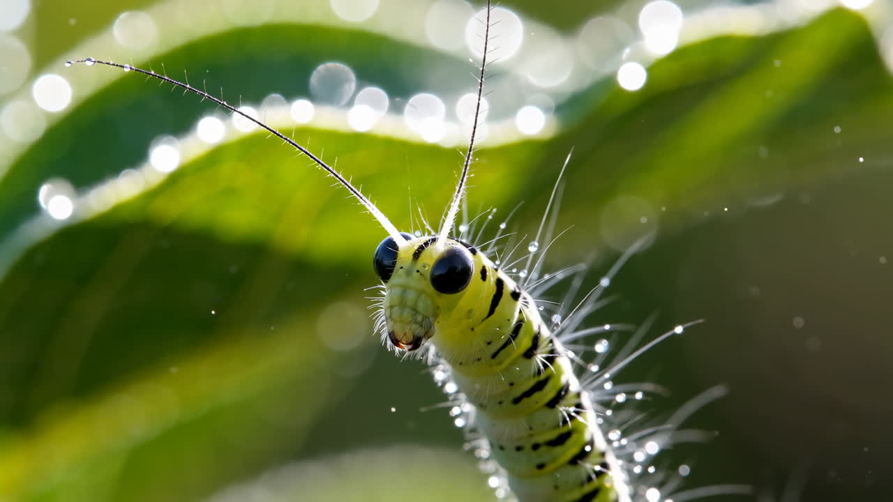 Close-up of a Caterpillar on a Leaf with Dew