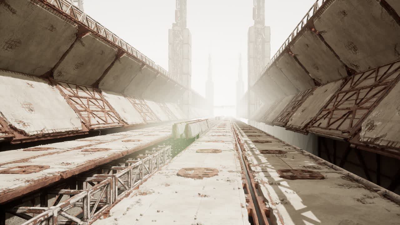 Sunlit deserted industrial passage with panoramic horizon view