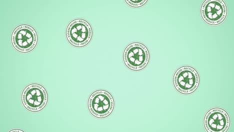 animation of multiple falling recycling text and logos, on green background