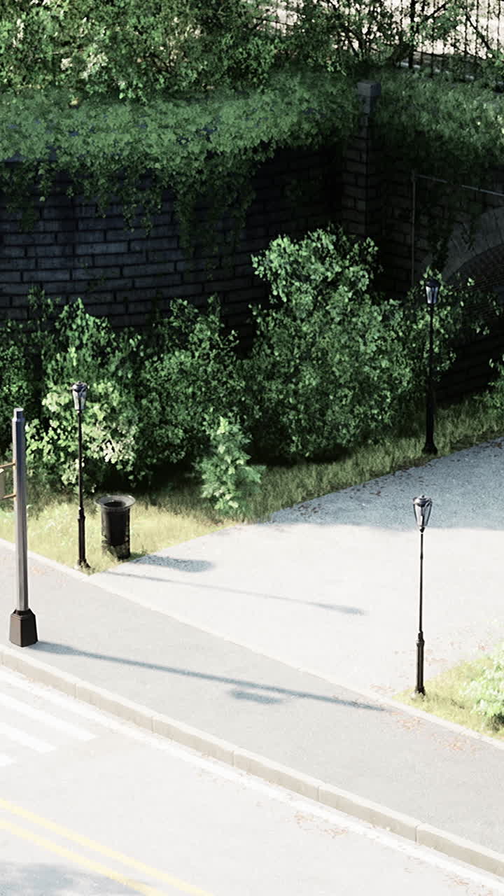 램프 기둥 과 나무 들 이 있는 거리 의 전망