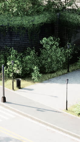 a view of a street with lamp posts and trees