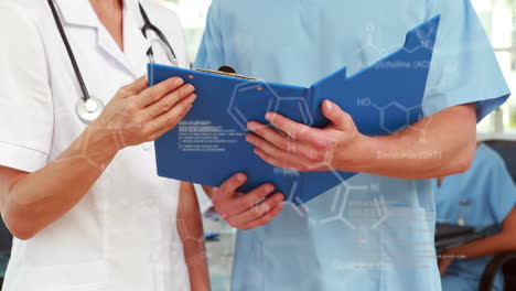 animation of data processing and chemical formula over diverse doctors reading documents