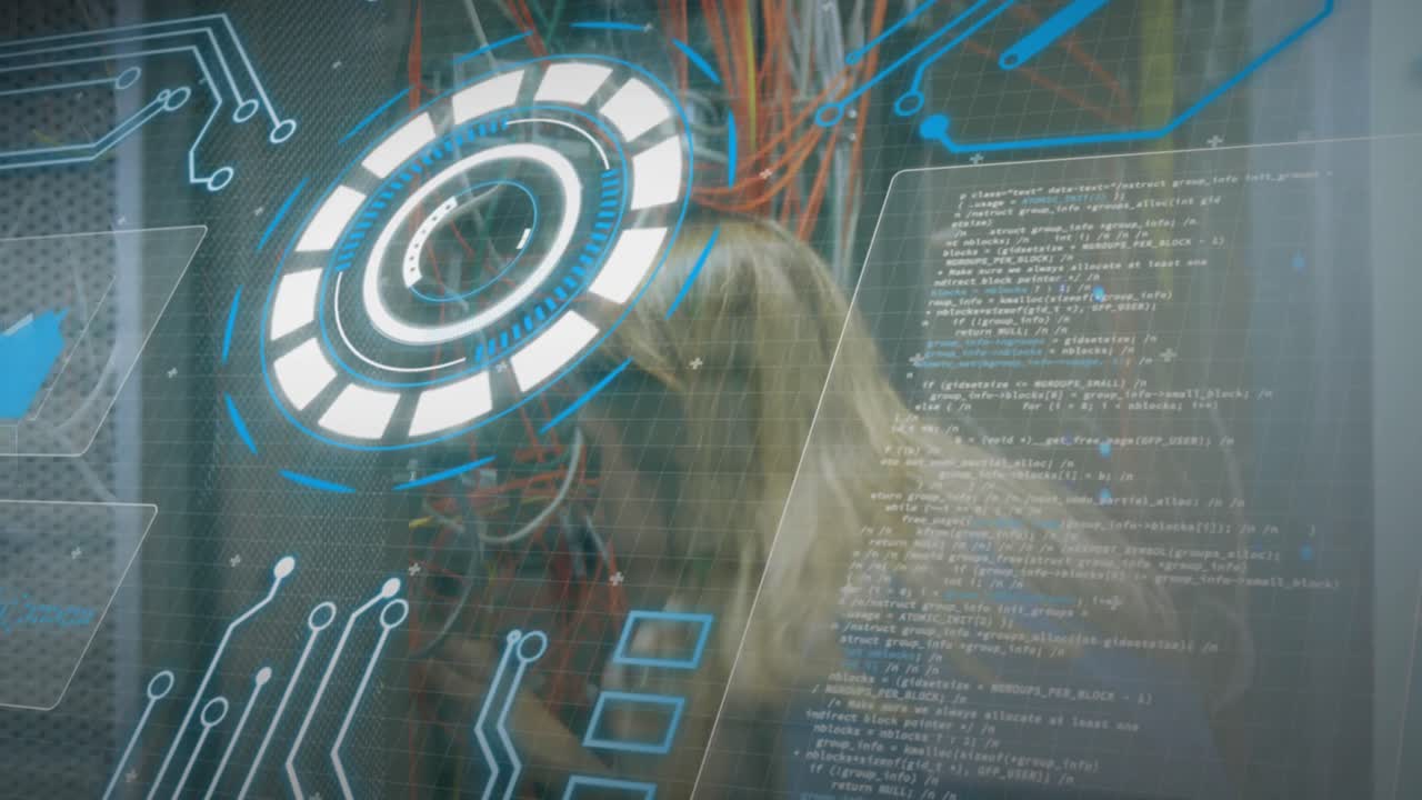 animación del procesamiento de datos a través de ingenieras caucásicas que conectan cables