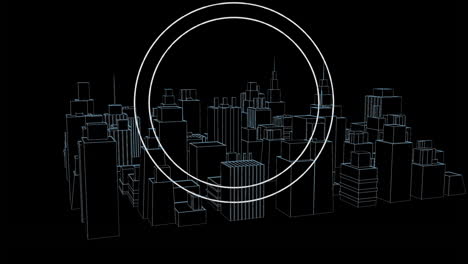 animation of circles over 3d cityscape spinning on black background