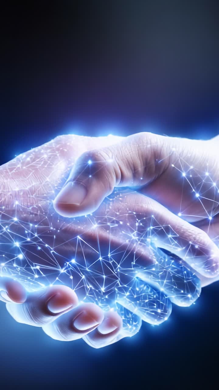 Una rappresentazione dinamica di mani che si uniscono, a simboleggiare connessione e collaborazione con un'estetica digitale luminosa che riflette la tecnologia moderna e l'unità