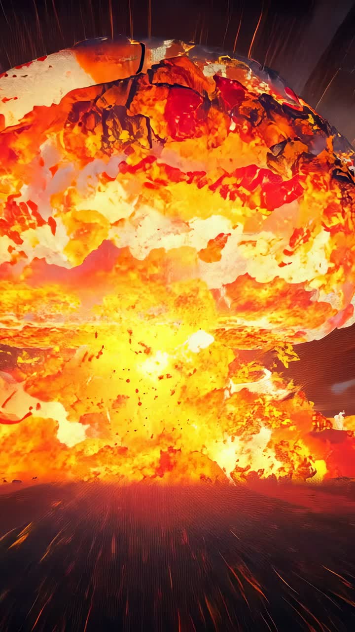 Vertical video: Erupting fireball forming massive mushroom cloud over flat plain, with embers