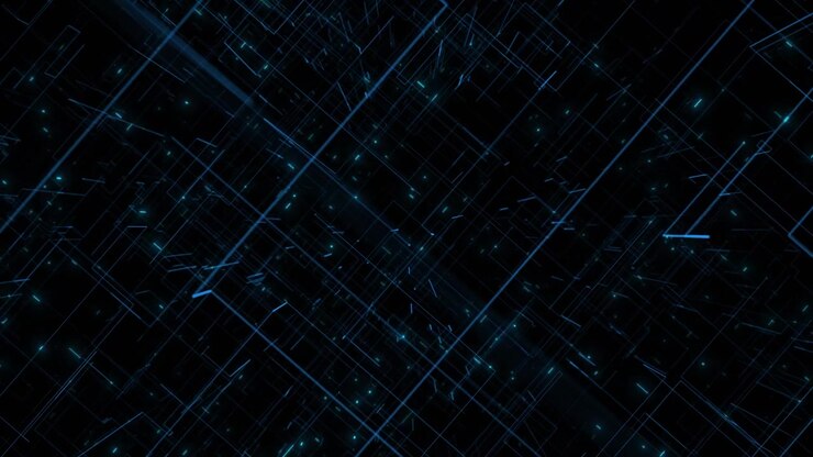 Immagine di linee di rete astratte ciano con strati geometrici scuri, tratti luminosi e tecnologia futuristica.