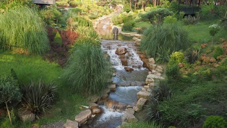 a serene waterfall in a lush garden