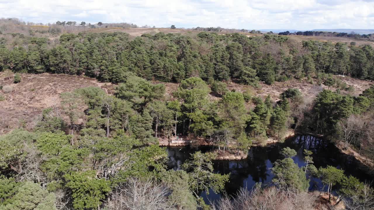 vista aérea de bosques, bosques y páramos junto a las piscinas de bystock en exmouth